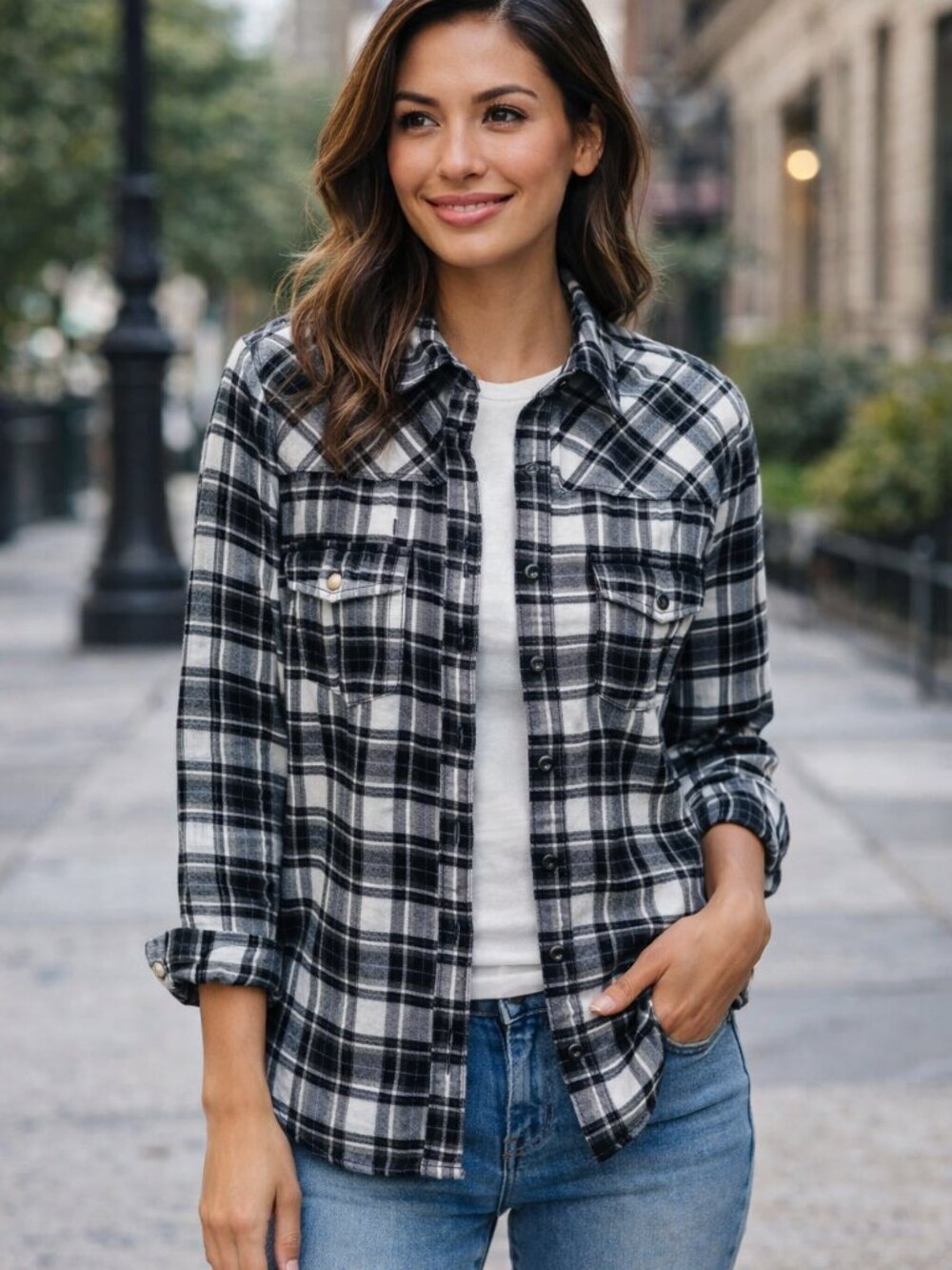 BEA Jachs Girlfriend Pearl Snap Plaid Long Sleeve Western Shirt